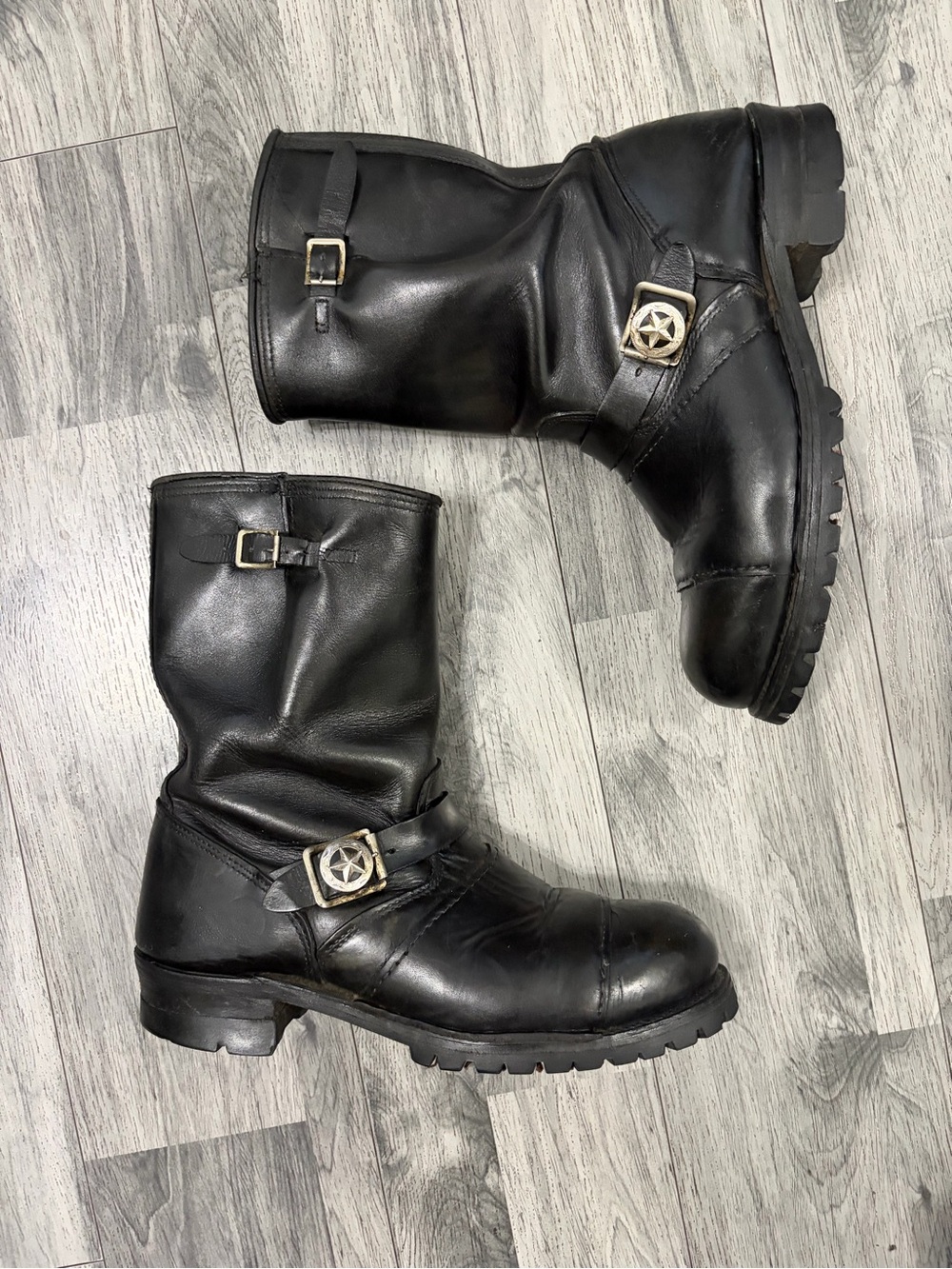 Vintage Black Leather Engineer Boots with Star Buckle Sz 11 B Bought at RRL